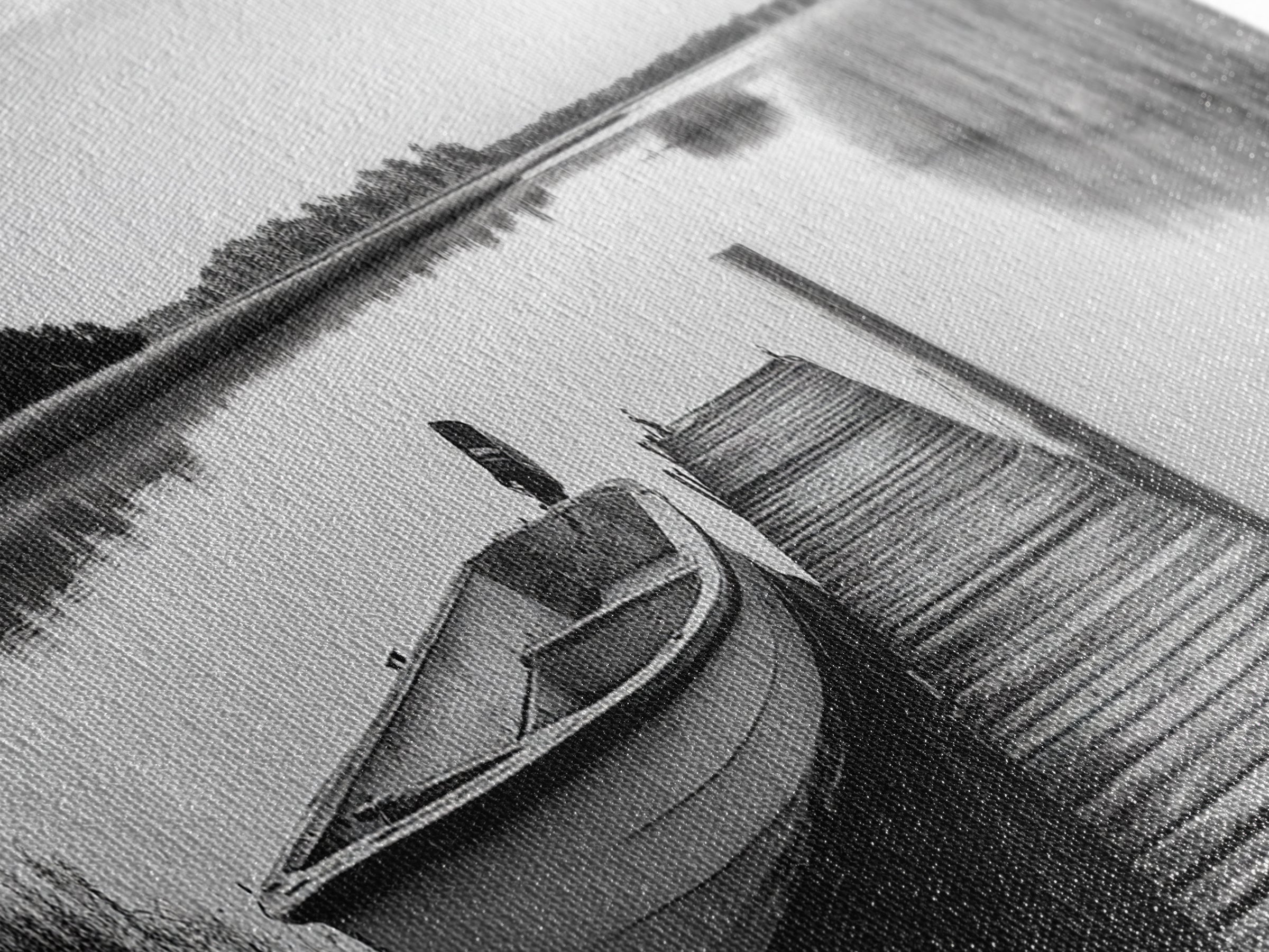 Boat On Dock, Nautical Wall Art, Framed Canvas Print, Coastal Landscape Art, Rustic Decor, Extra Wide Art, Minimalist Art, Bedroom Art