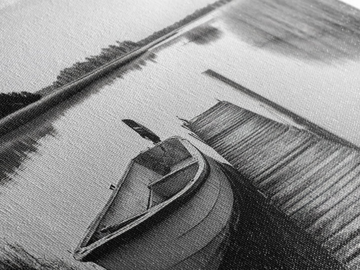 Boat On Dock, Nautical Wall Art, Framed Canvas Print, Coastal Landscape Art, Rustic Decor, Extra Wide Art, Minimalist Art, Bedroom Art