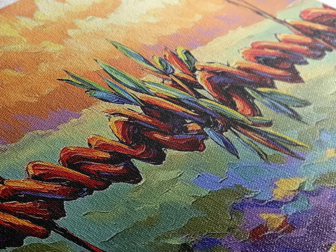 Barbed Wire Sunset, rustic wall art, southwest wall art, vibrant painting, western decor, long narrow wall art, framed canvas print