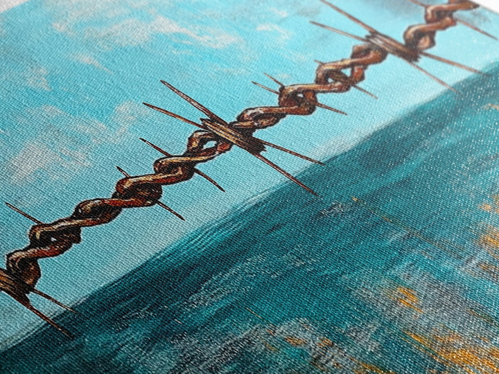 Barbed Wire Ocean, coastal decor, rustic art, farmhouse painting, minimalist painting, extra wide art, framed canvas print, moody art