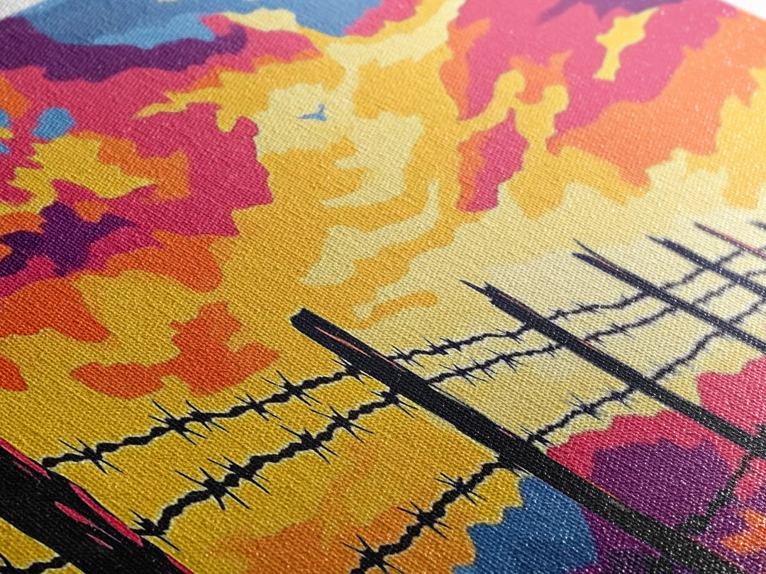 Barbed Wire Fence, southwest wall art, rustic decor, cowboy painting, panoramic art, long narrow wall art, framed canvas print, farmhouse art