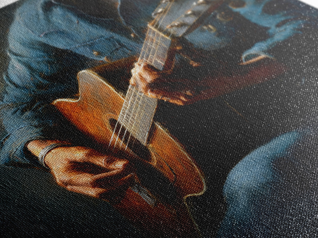 Musician Hands on Guitar Strings Canvas Print, Recording Studio Art, Music Wall Art, Studio Decor, Oil Painting, Analog, RSA-1x1-15