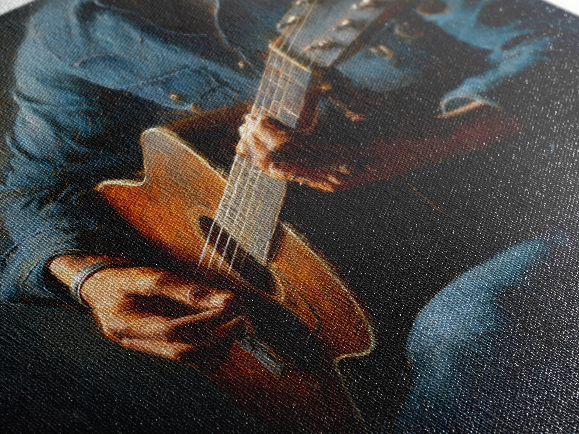 Musician Hands on Guitar Strings Canvas Print, Recording Studio Art, Music Wall Art, Studio Decor, Oil Painting, Analog, RSA-1x1-15