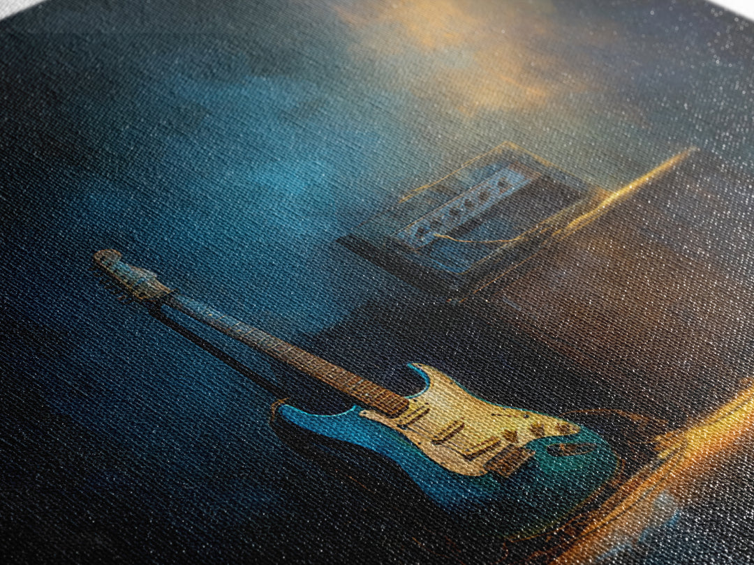 Electric Guitar Beside a Studio Amp Framed Canvas Print, Recording Studio Art, Wall Sculpture, Studio Decor, Oil Painting, RSA-1x1-28
