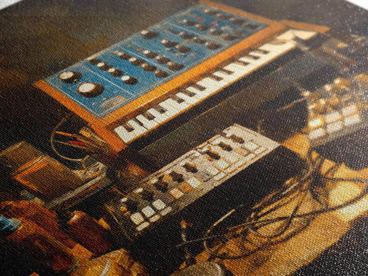 Analog Synthesizer Knobs and Cables Framed Canvas Print, Recording Studio Art, Downloadable Print, Studio Decor, Oil Painting, RSA-1x1-37