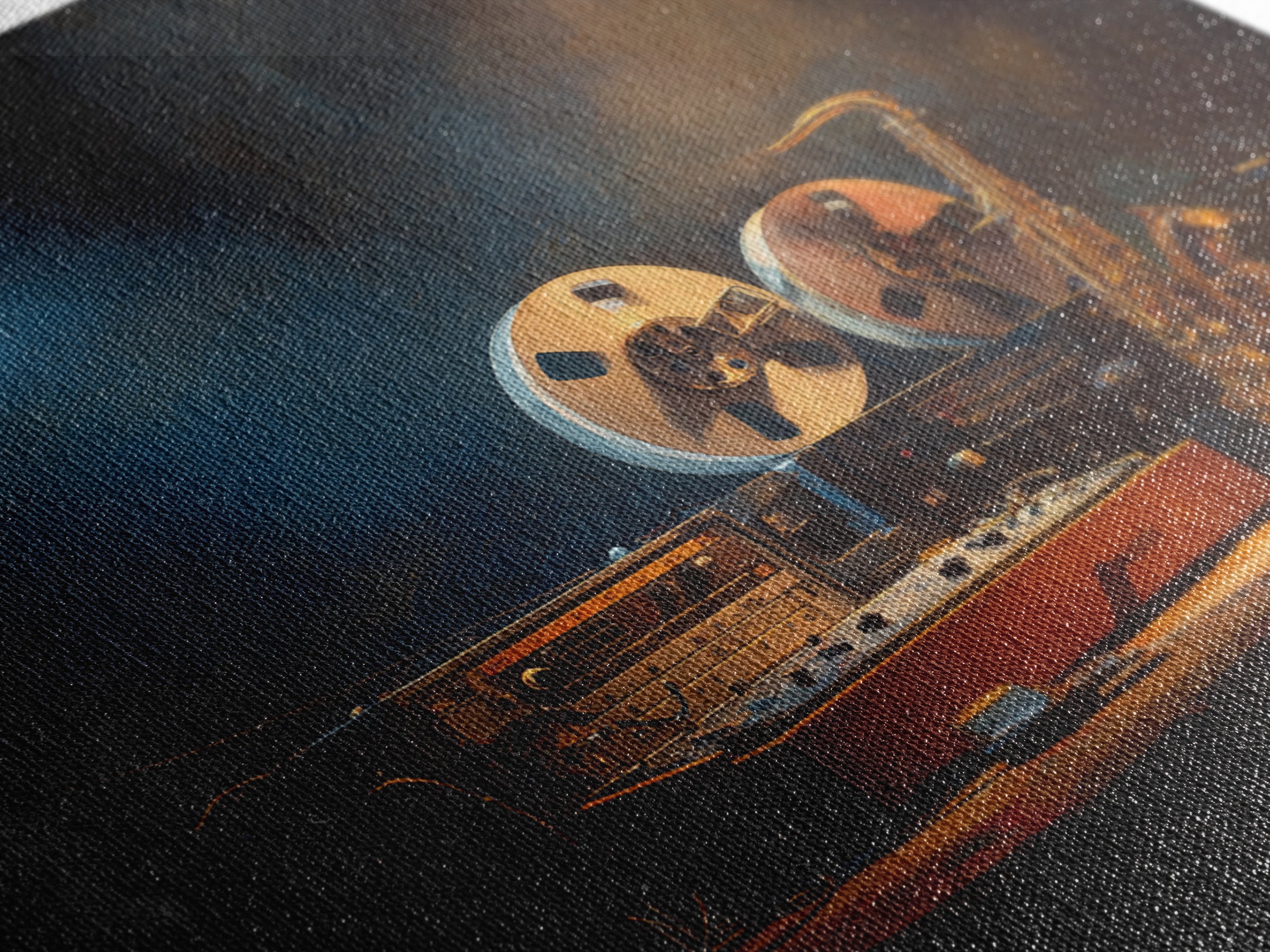 Tape Reels Spinning Through Smoky Light Canvas Print, Recording Studio Art, Black and White Art, Studio Decor, Analog, RSA-1x1-43
