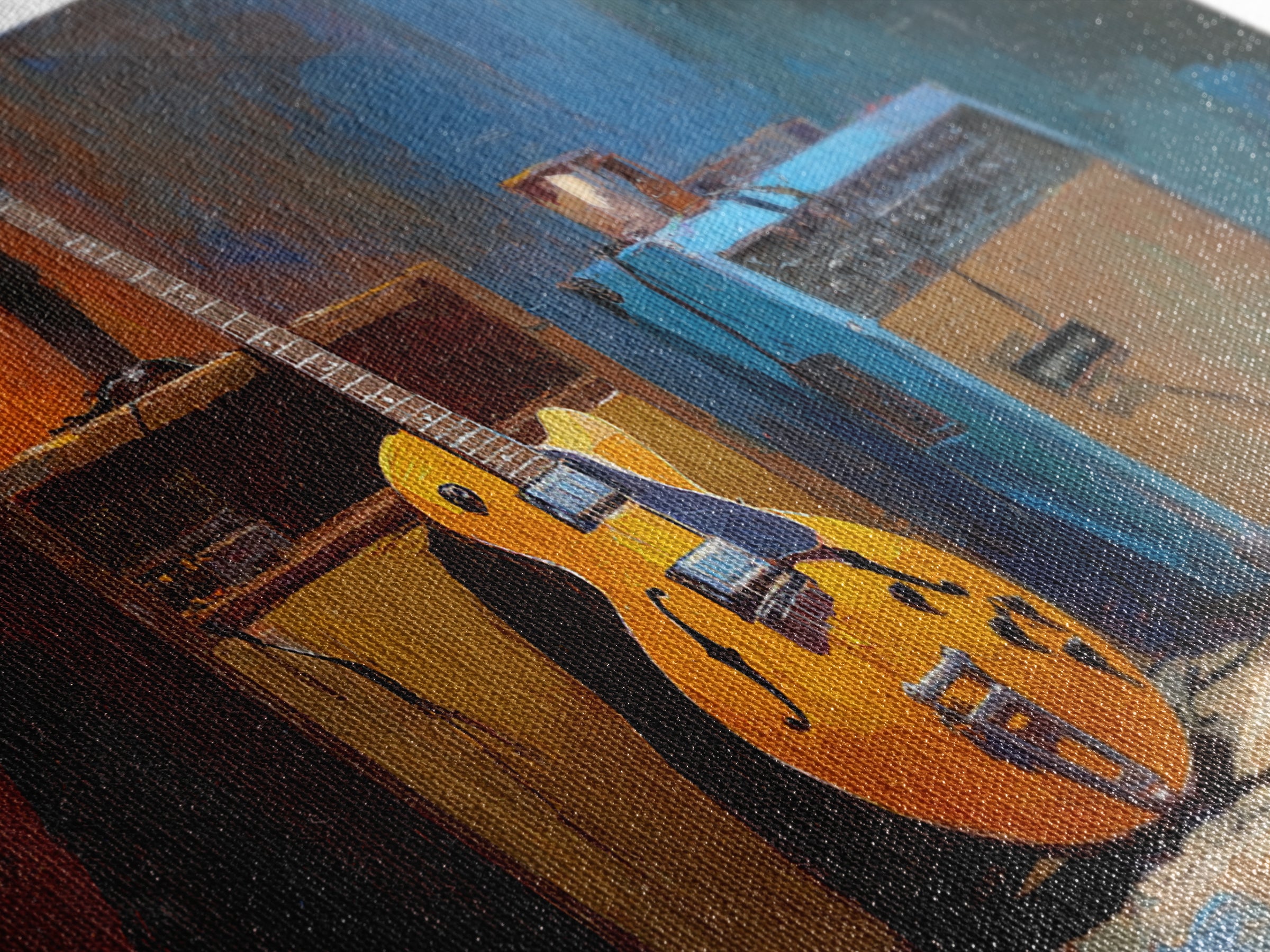 Electric Guitar Beside a Studio Amp Framed Canvas Print, Recording Studio Art, Textured Painting, Studio Decor, Analog, RSA-2x1-24