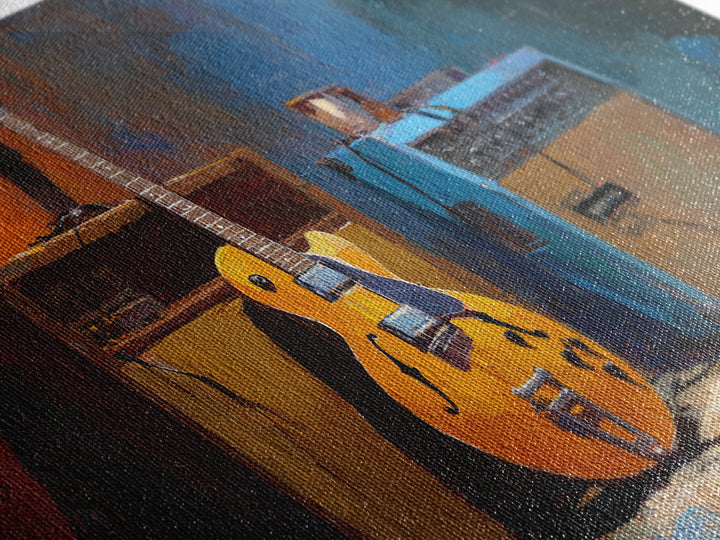 Electric Guitar Beside a Studio Amp Framed Canvas Print, Recording Studio Art, Textured Painting, Studio Decor, Analog, RSA-2x1-24