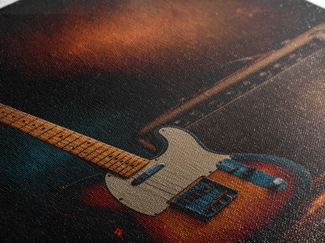 Electric Guitar Beside a Studio Amp Framed Canvas Print, Recording Studio Art, Fine Art Print, Studio Decor, Oil Painting, RSA-2x3-12
