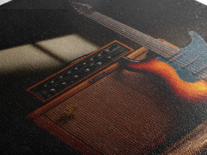 Electric Guitar Beside a Studio Amp Framed Canvas Print, Recording Studio Art, Music Art, Studio Decor, Fine Art, Analog, RSA-2x3-84