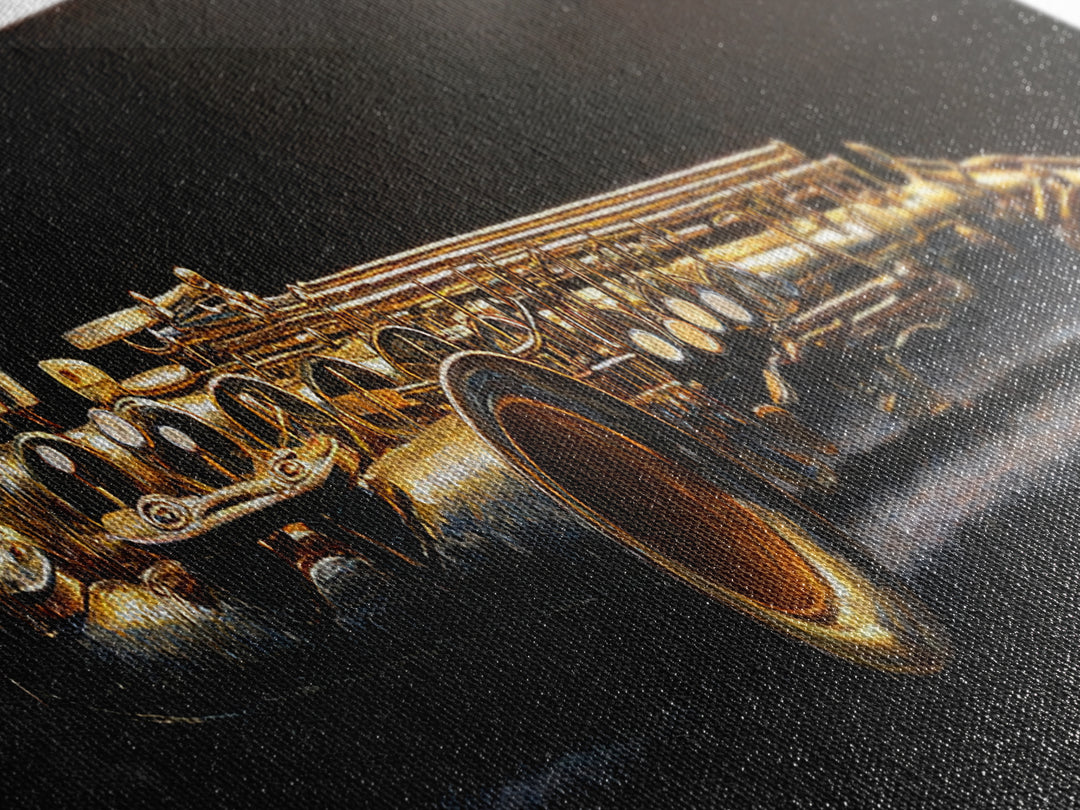 Brass Saxophone on Dark Velvet Canvas Print, Recording Studio Art, Headphones Poster, Studio Decor, Fine Art, Analog, RSA-3x1-8
