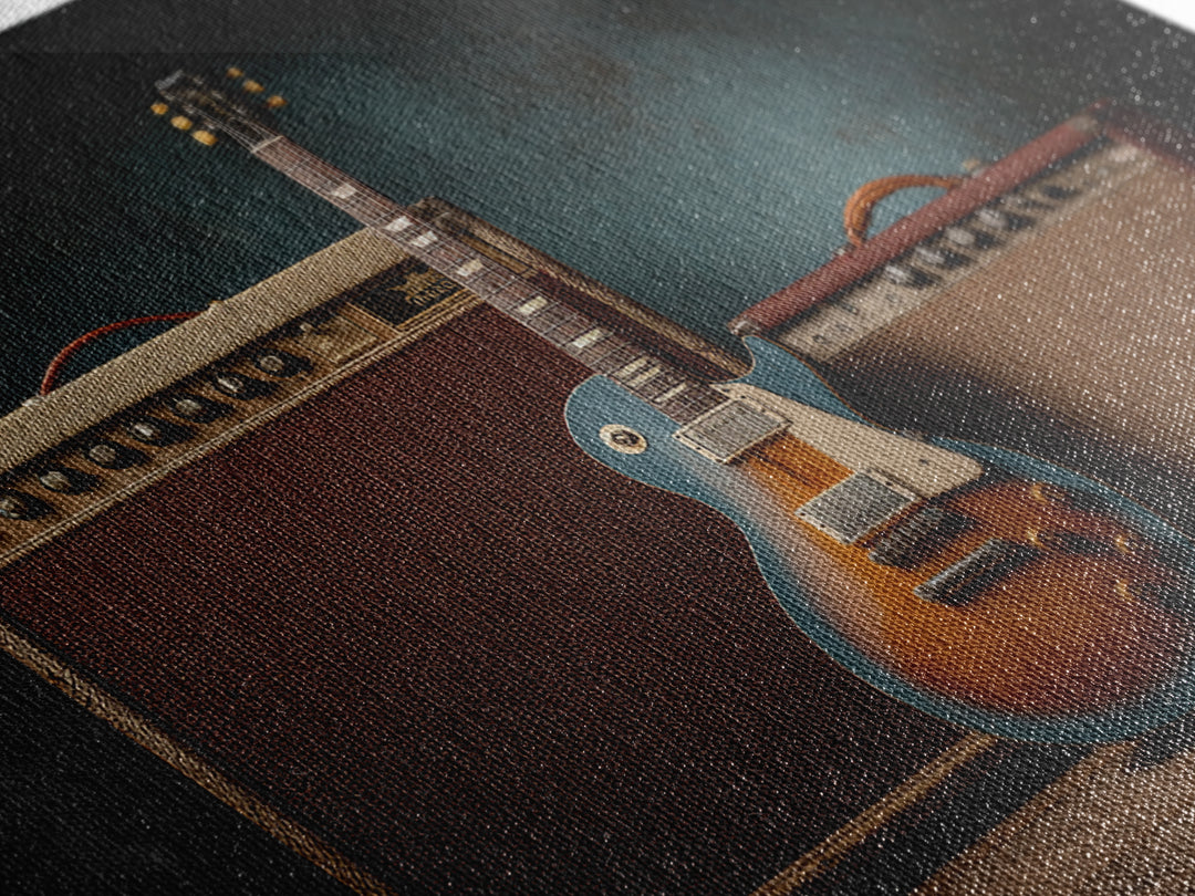 Electric Guitar Beside a Studio Amp Canvas Print, Recording Studio Art, Dtf Print, Studio Decor, Analog, Gallery Decor, RSA-3x2-56