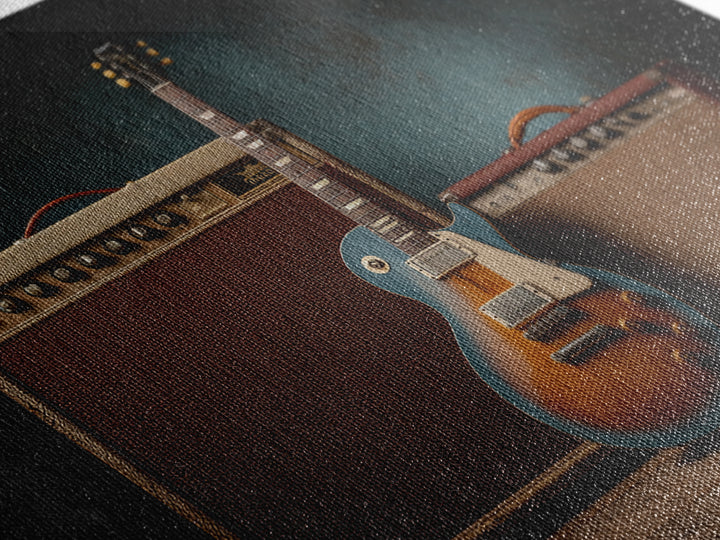 Electric Guitar Beside a Studio Amp Canvas Print, Recording Studio Art, Dtf Print, Studio Decor, Analog, Gallery Decor, RSA-3x2-56