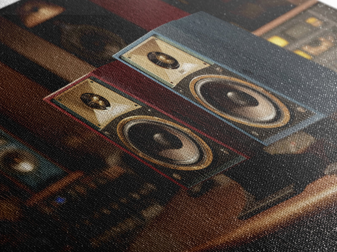 Studio Monitor Speakers as Bold Geometric Forms Framed Canvas Print, Recording Studio Art, Music Studio, Studio Decor, Analog, RSA-3x2-64