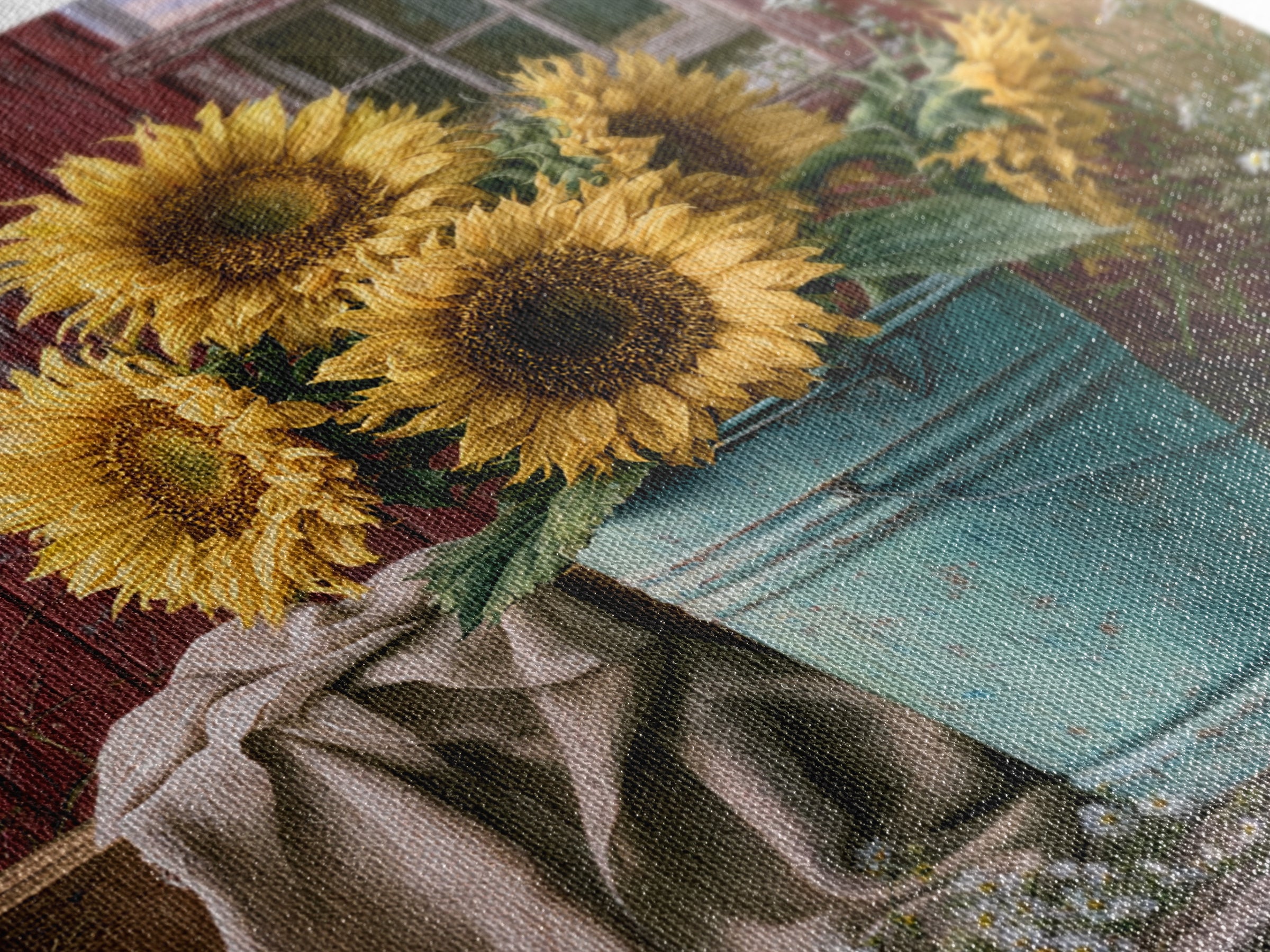 Sunflowers in a Metal Bucket Framed Canvas Print, Rustic Art, Painting, Farmhouse Decor, Oil Painting, Rustic, Boho Wall Art, RUS-1x1-12