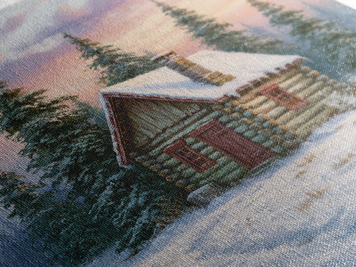 Log Cabin with Snowy Pines Canvas Print, Rustic Art, Farmhouse Decor, Oil Painting, Rustic, Gallery Wall Art, RUS-1x1-15