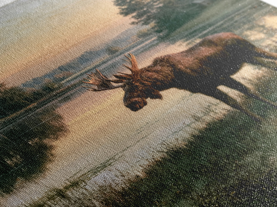 Moose Standing by a Quiet Lake Framed Canvas Print, Rustic Art, Fine Art Print, Farmhouse Decor, Fine Art, Rustic, Painting, RUS-1x1-33