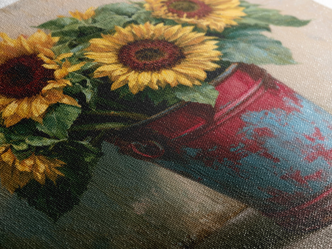 Sunflowers in a Metal Bucket Canvas Print, Rustic Art, Farmhouse Decor, Watercolor Art, Rustic, Landscape Painting, RUS-1x1-36