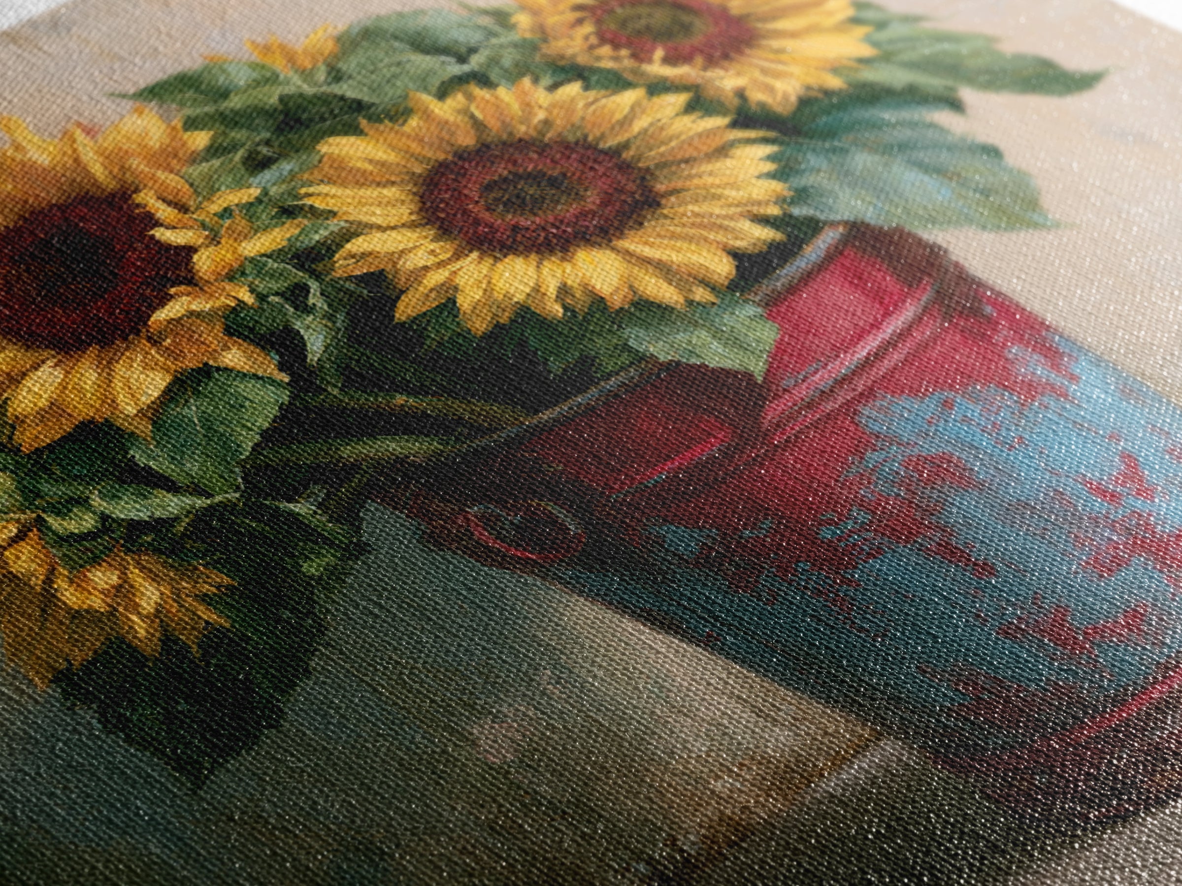 Sunflowers in a Metal Bucket Canvas Print, Rustic Art, Farmhouse Decor, Watercolor Art, Rustic, Landscape Painting, RUS-1x1-36