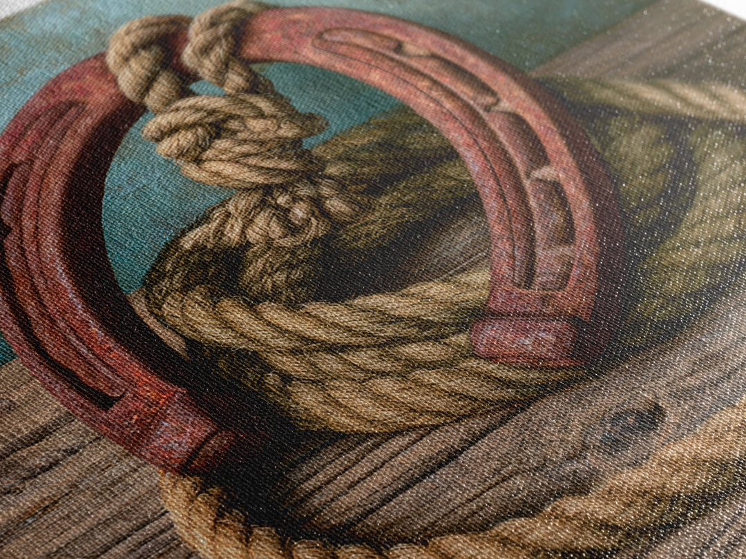 Rusty Horseshoe and Rope Composition Framed Canvas Print, Rustic Art, Gallery Wall Set, Farmhouse Decor, Oil Painting, Rustic, RUS-1x1-37