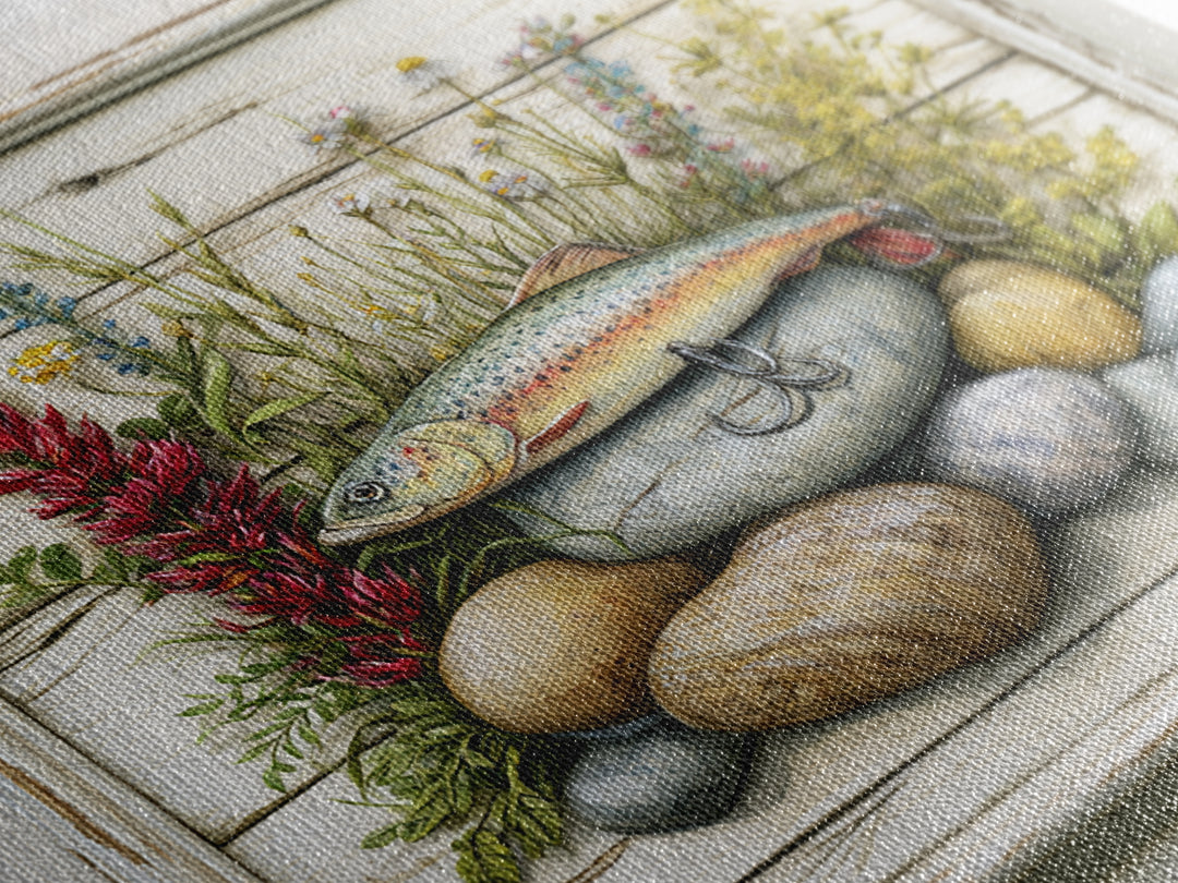 Trout Fishing Lure and River Stones Framed Canvas Print, Rustic Art, Landscape Art, Farmhouse Decor, Fine Art, Rustic, RUS-1x1-38