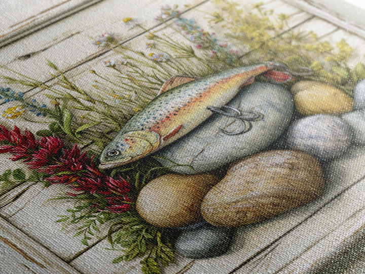 Trout Fishing Lure and River Stones Framed Canvas Print, Rustic Art, Landscape Art, Farmhouse Decor, Fine Art, Rustic, RUS-1x1-38