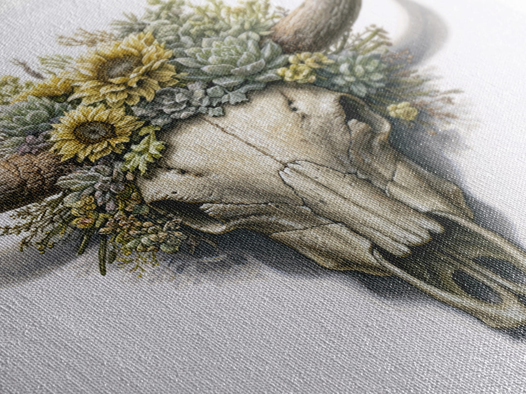 Cow Skull with Desert Flowers Framed Canvas Print, Rustic Art, Gallery Decor, Farmhouse Decor, Oil Painting, Rustic, RUS-1x1-41