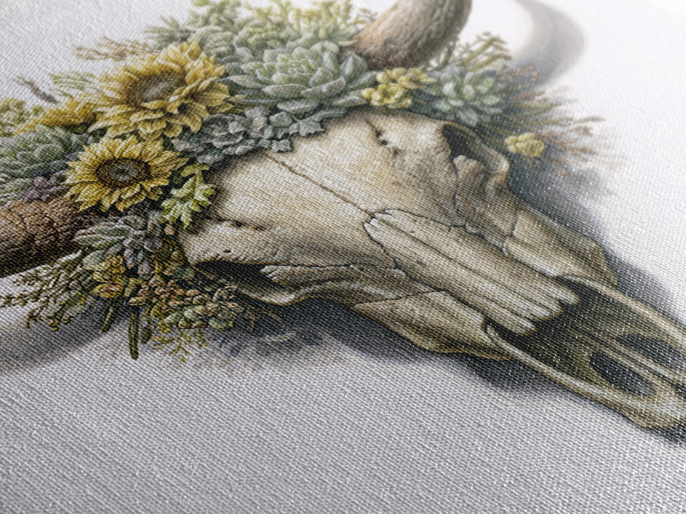 Cow Skull with Desert Flowers Framed Canvas Print, Rustic Art, Gallery Decor, Farmhouse Decor, Oil Painting, Rustic, RUS-1x1-41