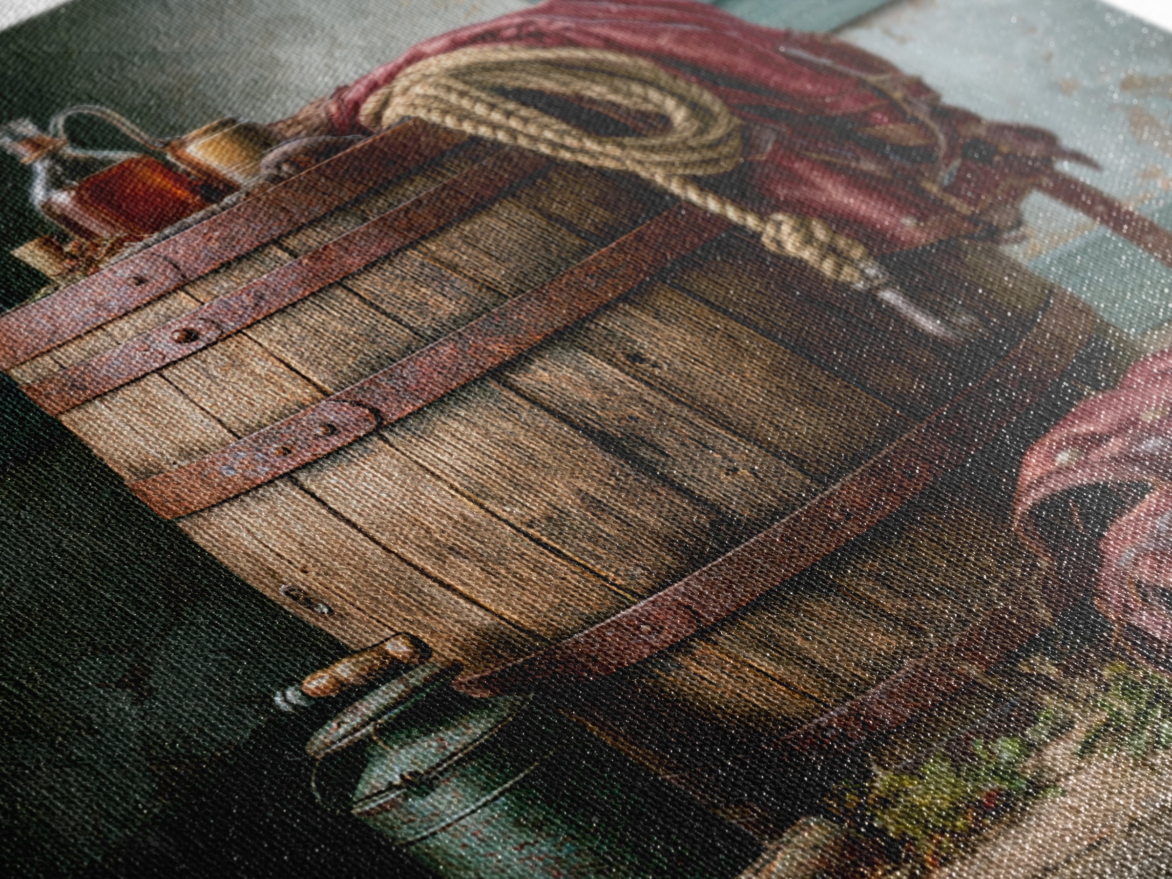 Whiskey Barrel and Leather Still Life Framed Canvas Print, Rustic Art, Wood Art, Farmhouse Decor, Oil Painting, Rustic, RUS-1x1-43