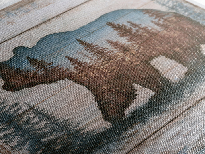 Bear Silhouette Among Pine Trees Canvas Print, Rustic Art, Downloadable Art, Farmhouse Decor, Watercolor Art, Rustic, RUS-1x1-55