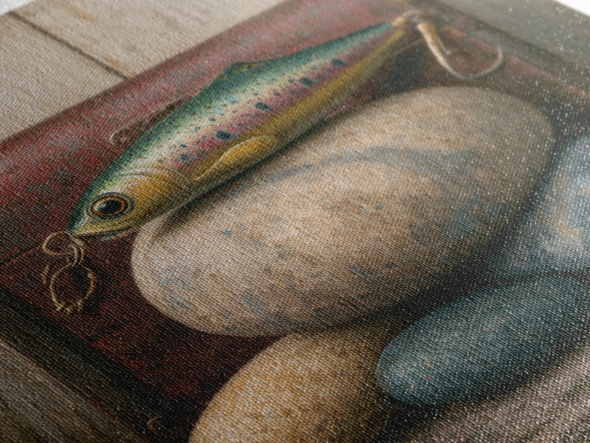 Trout Fishing Lure and River Stones Framed Canvas Print, Rustic Art, Landscape Art, Farmhouse Decor, Fine Art, Rustic, RUS-1x1-62