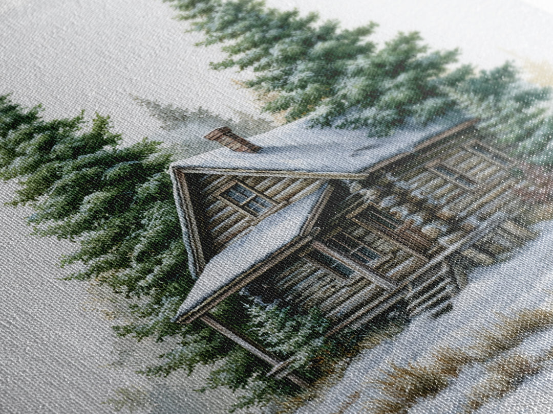 Log Cabin with Snowy Pines Framed Canvas Print, Rustic Art, Gallery Wall Set, Farmhouse Decor, Rustic, Minimalist Decor, RUS-1x1-63