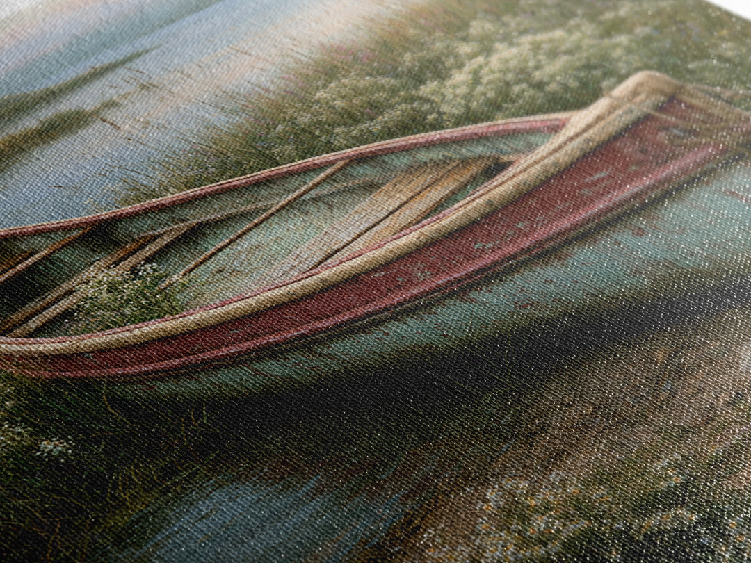 Old Canoe Pulled Onto a Lake Shore Framed Canvas Print, Rustic Art, Eclectic Wall Art, Farmhouse Decor, Oil Painting, Rustic, RUS-1x1-68