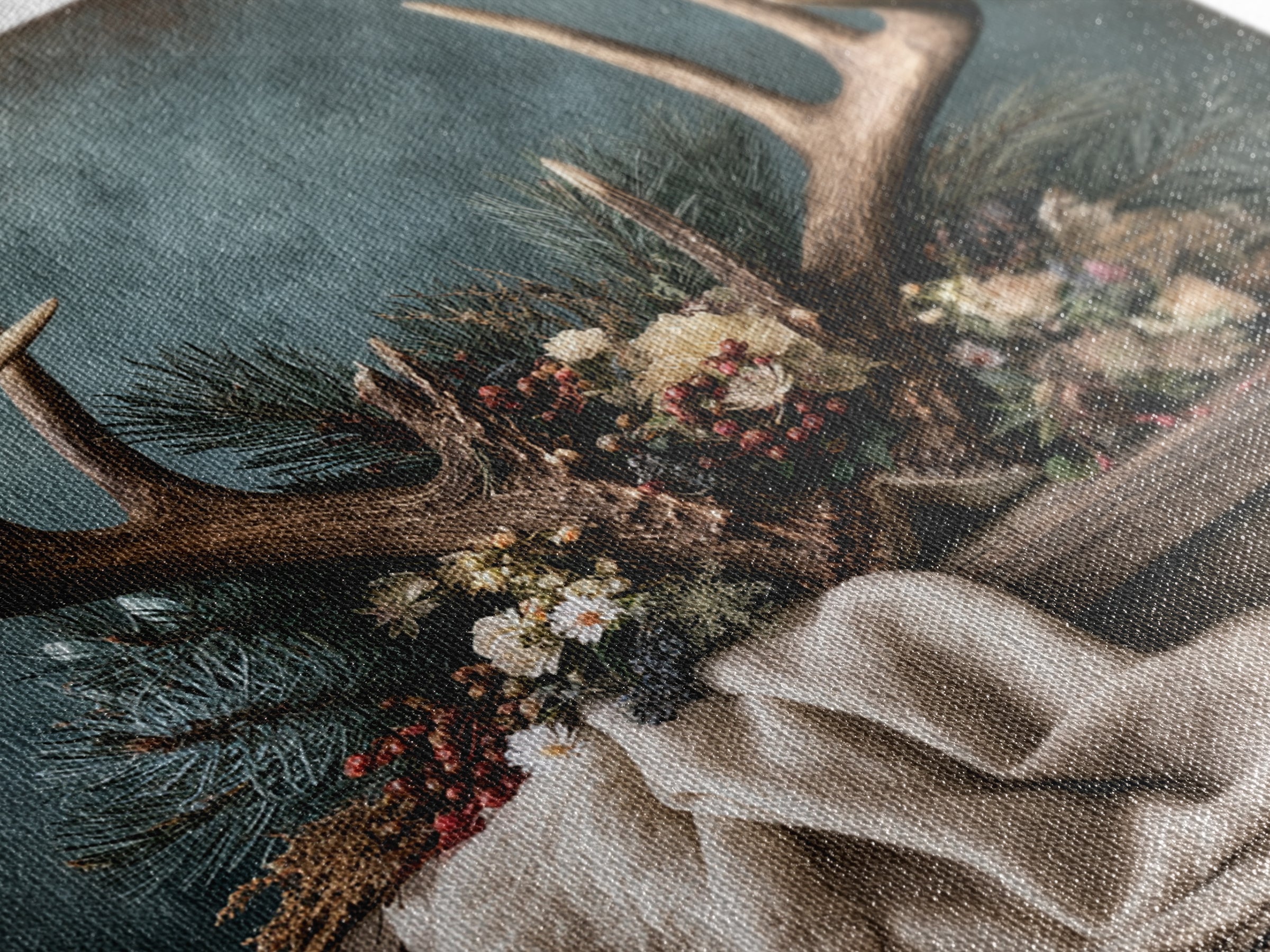 Deer Antlers with Pine Branches and Berries Framed Canvas Print, Rustic Art, Gallery Wall Set, Farmhouse Decor, Watercolor Art, RUS-1x1-74