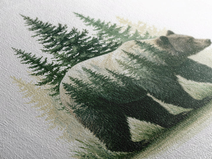 Bear Silhouette Among Pine Trees Framed Canvas Print, Rustic Art, Modern Decor, Farmhouse Decor, Oil Painting, Rustic, RUS-1x1-79