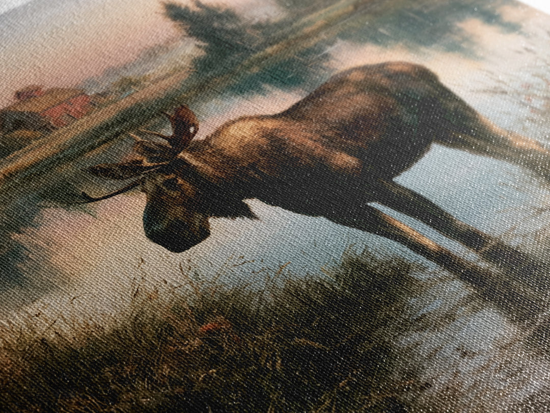 Moose Standing by a Quiet Lake Canvas Print, Rustic Art, Textured Painting, Farmhouse Decor, Oil Painting, Rustic, RUS-1x1-81