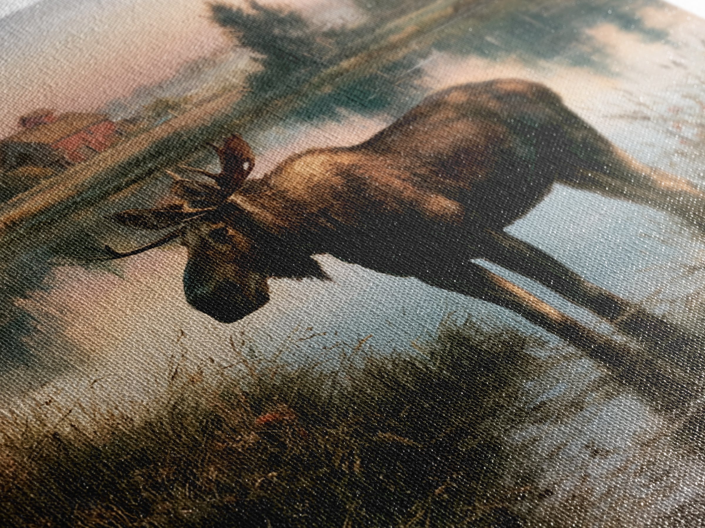 Moose Standing by a Quiet Lake Canvas Print, Rustic Art, Textured Painting, Farmhouse Decor, Oil Painting, Rustic, RUS-1x1-81