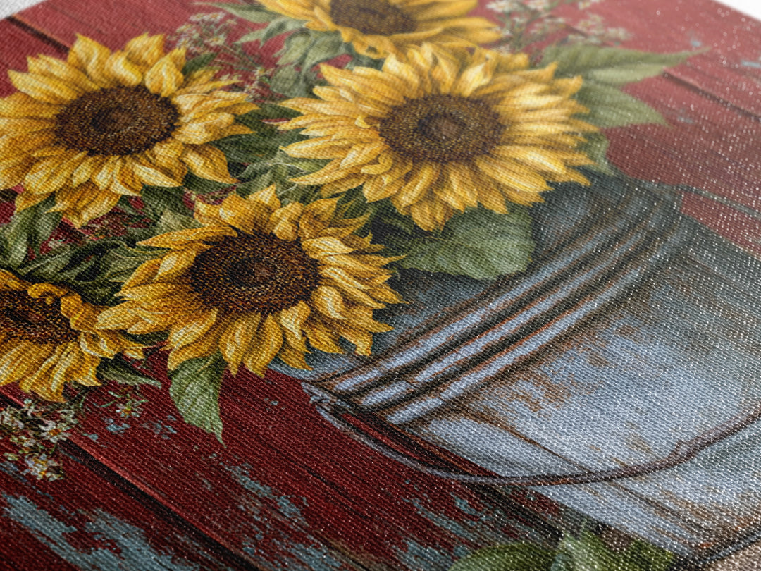Sunflowers in a Metal Bucket Framed Canvas Print, Rustic Art, Landscape Wall Art, Farmhouse Decor, Rustic, Luxury Decor, RUS-1x1-84