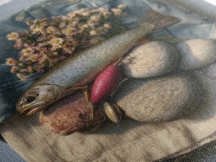 Trout Fishing Lure and River Stones Canvas Print, Rustic Art, Neutral Decor, Farmhouse Decor, Fine Art, Rustic, Home Decor, RUS-1x1-86