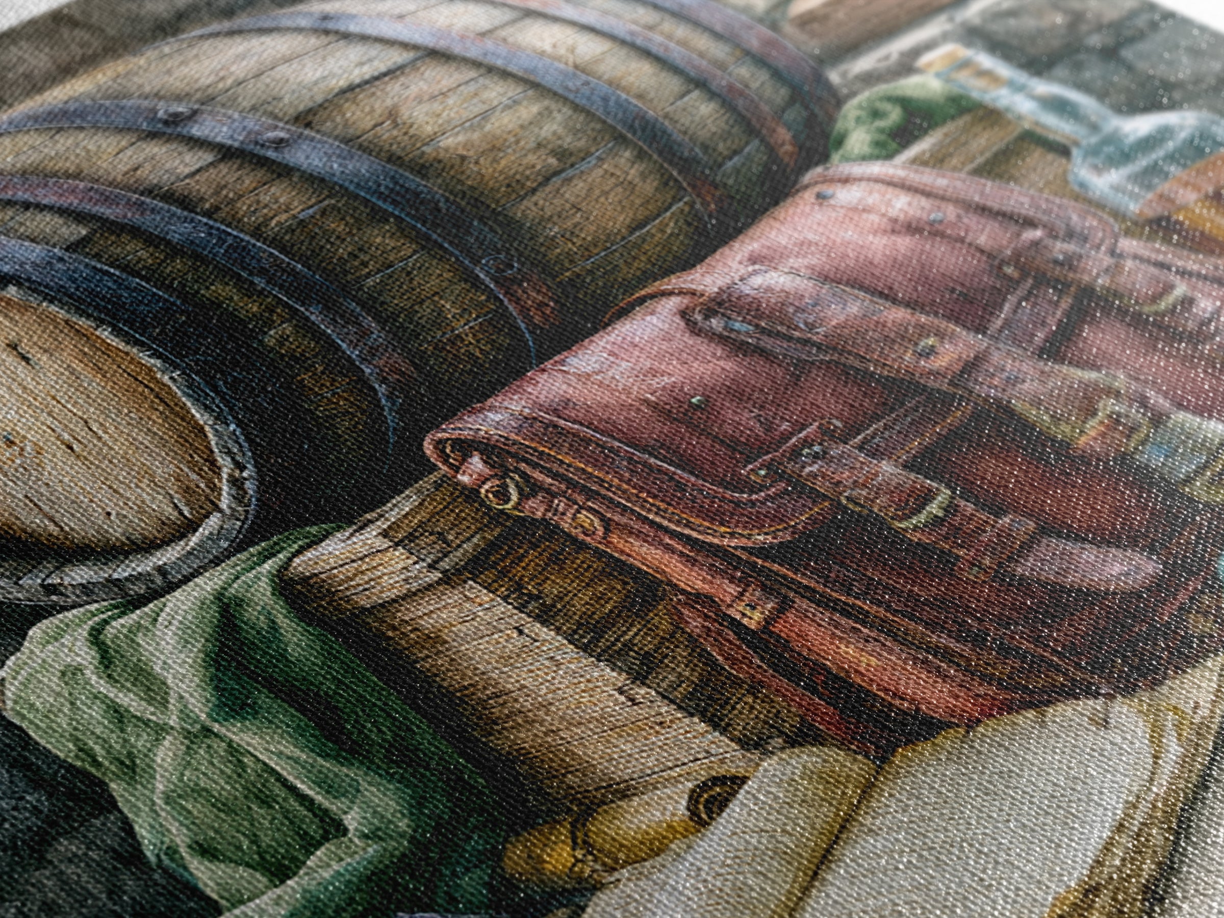 Whiskey Barrel and Leather Still Life Canvas Print, Rustic Art, Boho Decor, Farmhouse Decor, Fine Art, Rustic, Art Print, RUS-1x1-91