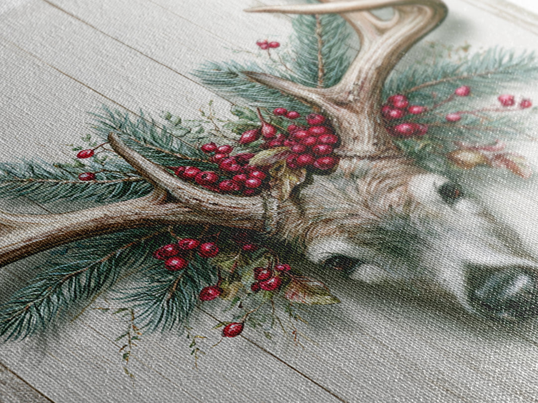 Deer Antlers with Pine Branches and Berries Canvas Print, Rustic Art, Statement Artwork, Farmhouse Decor, Fine Art, Rustic, RUS-1x1-98
