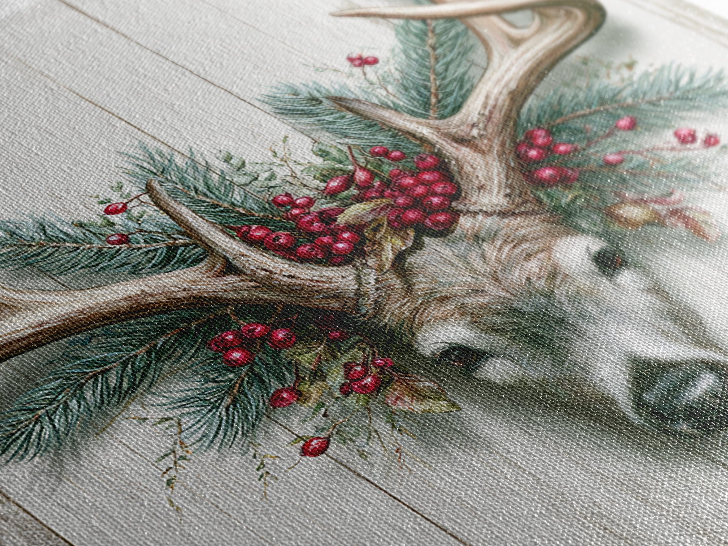 Deer Antlers with Pine Branches and Berries Canvas Print, Rustic Art, Statement Artwork, Farmhouse Decor, Fine Art, Rustic, RUS-1x1-98