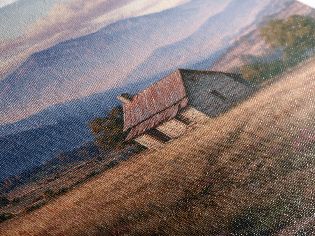 Mountain Cabin Landscape Canvas Print, Rustic Art, Wall Art, Farmhouse Decor, Oil Painting, Rustic, Living Room Decor, RUS-1x1-99