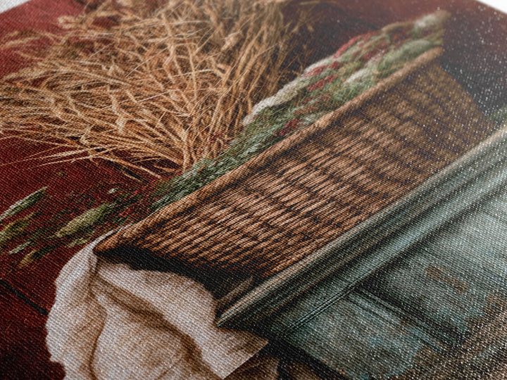 Handwoven Basket with Dried Grasses Canvas Print, Rustic Art, Statement Artwork, Farmhouse Decor, Oil Painting, Rustic, RUS-1x3-12
