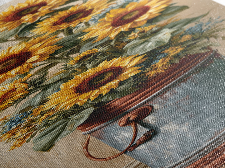 Sunflowers in a Metal Bucket Framed Canvas Print, Rustic Art, Luxury Decor, Farmhouse Decor, Oil Painting, Rustic, RUS-1x3-24