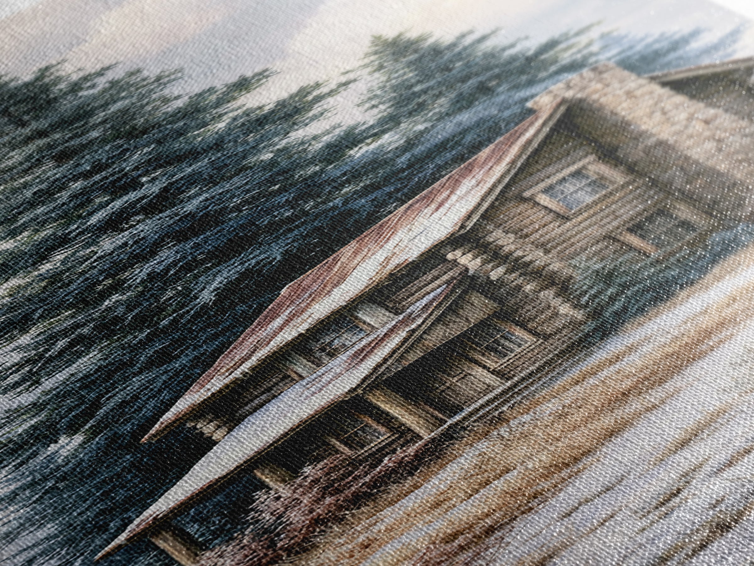 Log Cabin with Snowy Pines Canvas Print, Rustic Art, Digital Prints, Farmhouse Decor, Oil Painting, Rustic, 3d Wall Art, RUS-1x3-27