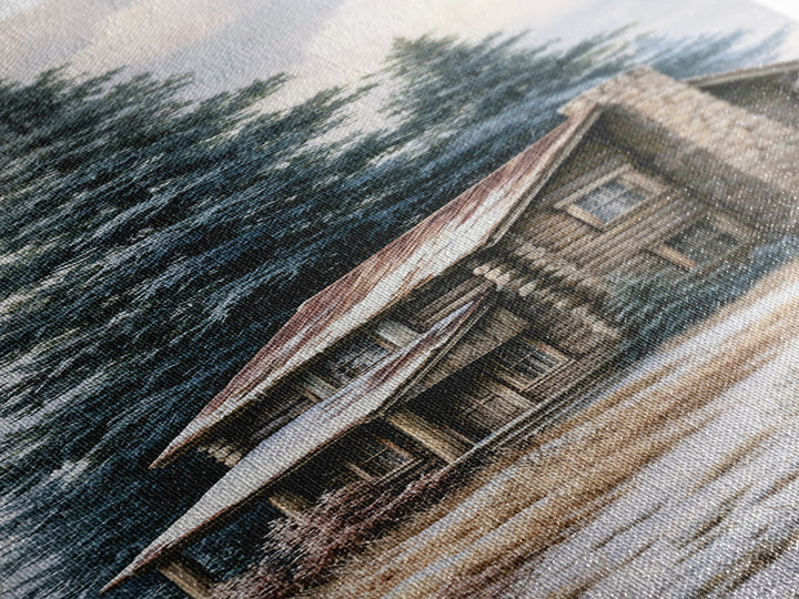 Log Cabin with Snowy Pines Canvas Print, Rustic Art, Digital Prints, Farmhouse Decor, Oil Painting, Rustic, 3d Wall Art, RUS-1x3-27