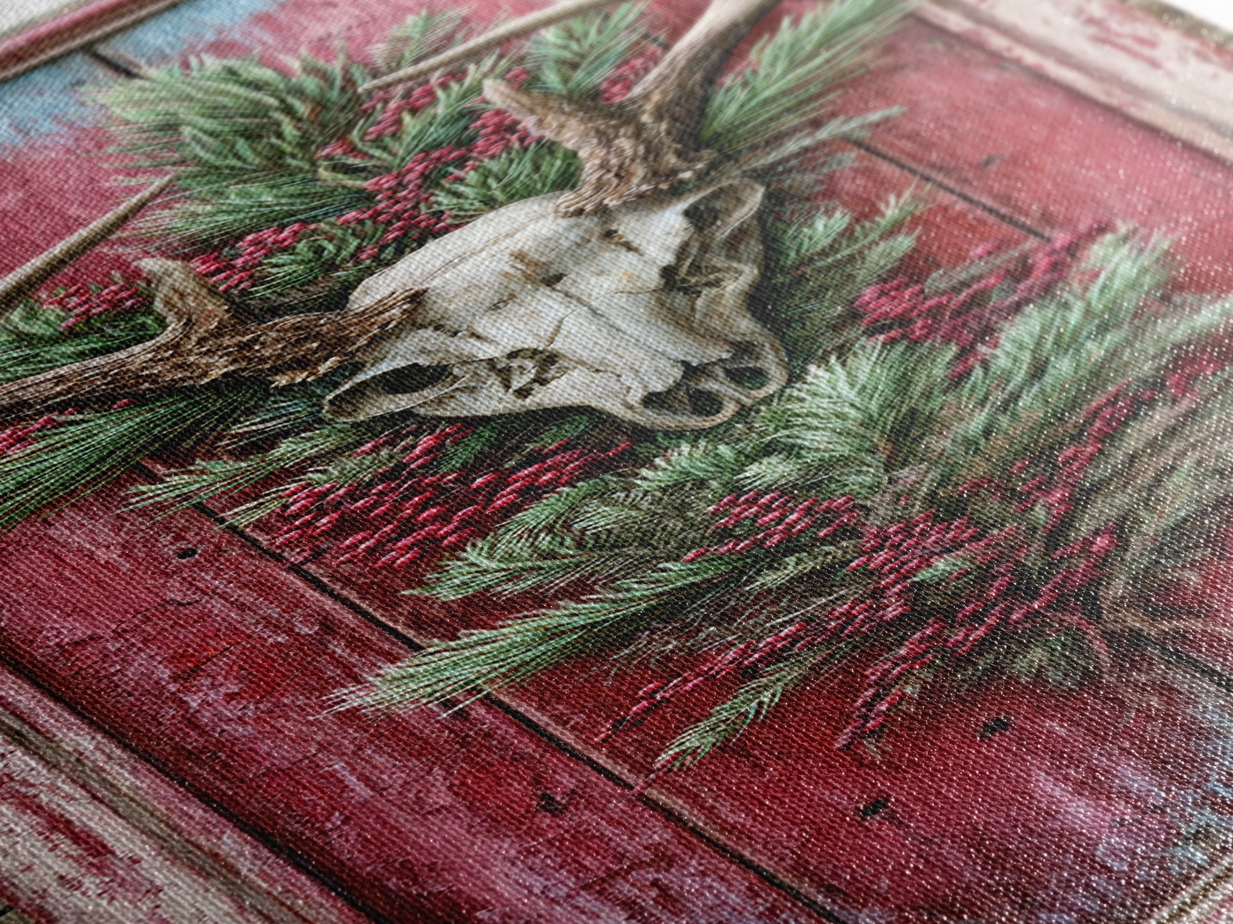 Deer Antlers with Pine Branches and Berries Canvas Print, Rustic Art, Landscape Wall Art, Farmhouse Decor, Fine Art, Rustic, RUS-1x3-38