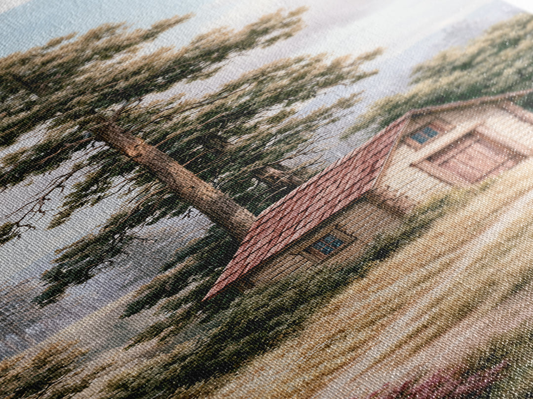 Mountain Cabin Landscape Canvas Print, Rustic Art, Printable Wall Art, Farmhouse Decor, Oil Painting, Rustic, Wood Art, RUS-1x3-39
