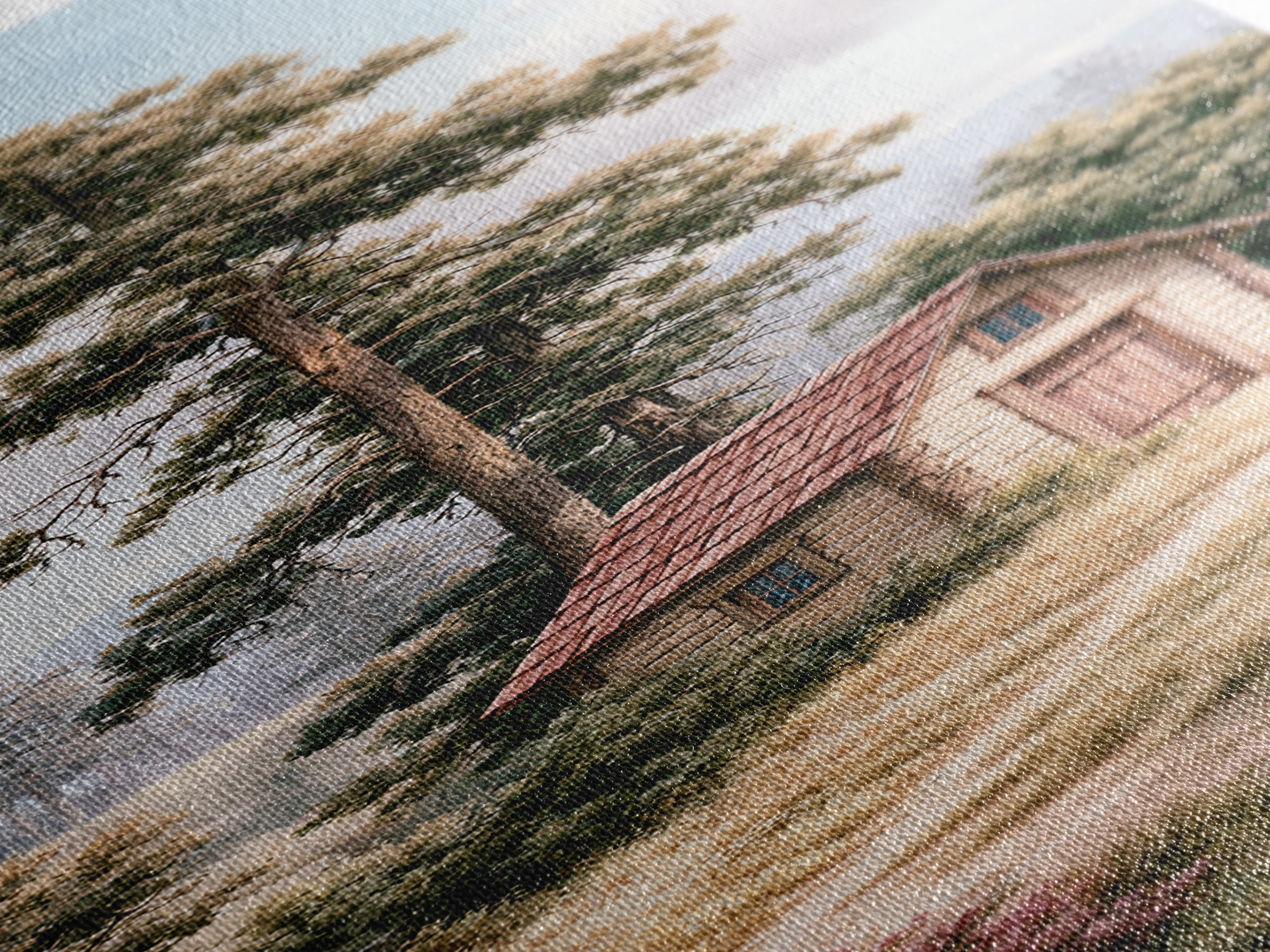 Mountain Cabin Landscape Canvas Print, Rustic Art, Printable Wall Art, Farmhouse Decor, Oil Painting, Rustic, Wood Art, RUS-1x3-39